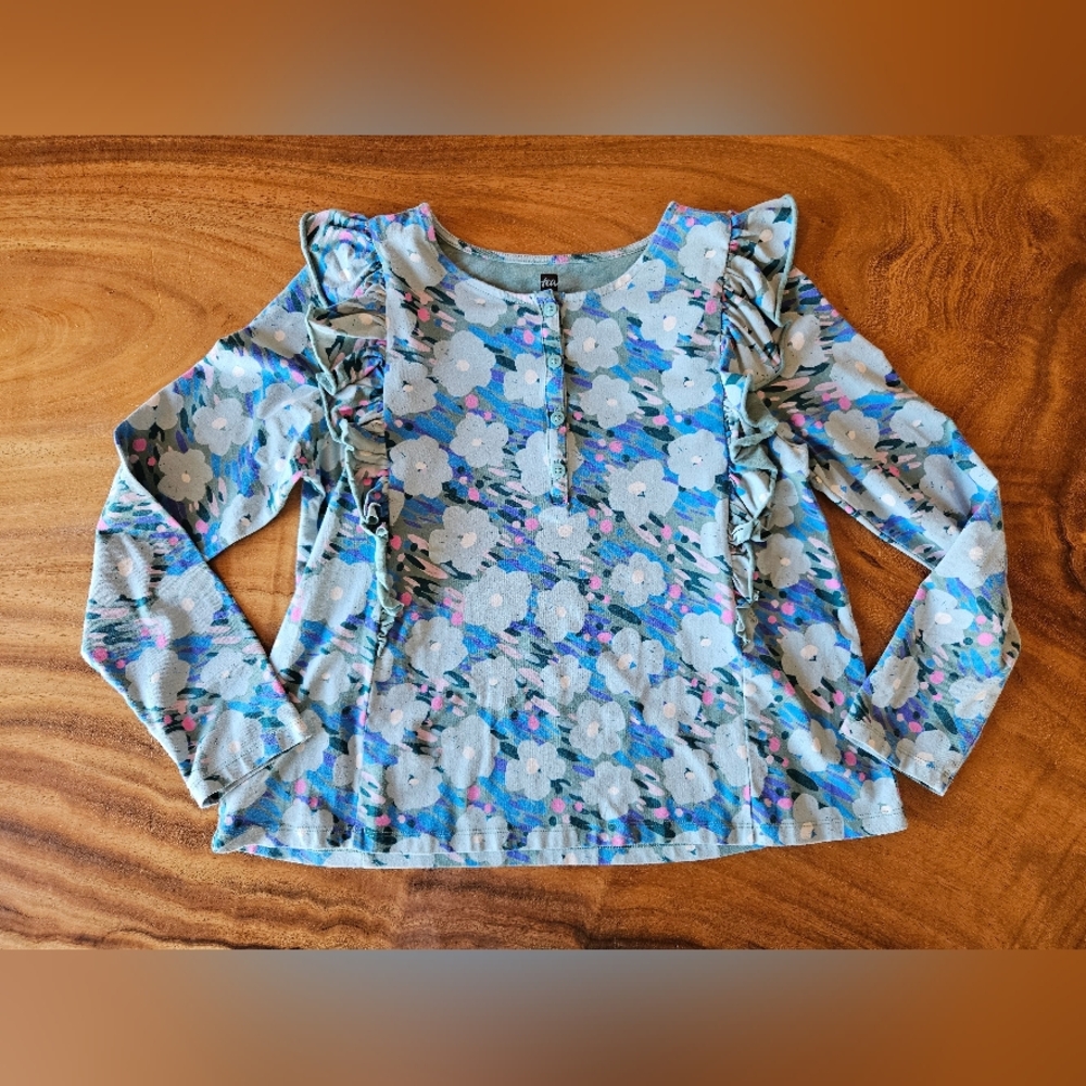Girls Tea Collection Long Sleeve Tee Size 14 Light Blue Multicolor Floral Ruffle